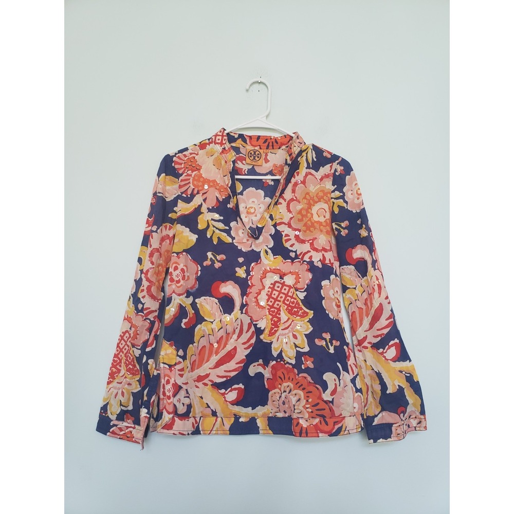 Tory Burch Stephanie Women's XS 0 Boho Tunic Blouse Top Floral Sequins Blue Pink